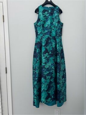 NWT Tahari ASL Maxi Gown Teal Navy Jade Abstract Floral High Low Dress 12